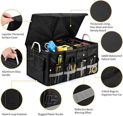 i BKGOO Car Trunk Organizer,Heavy Duty Collapsible Car Cube Storage Boxes with Lid,Foldable Cover,Car Cargo Trunk Storage Organizer Black