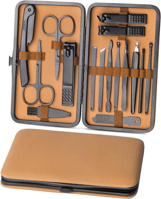 Manicure Set Professional Nail Clippers Pedicure Kit, 16 PCS Stainless Steel Nail Care Tools, Portable Grooming Care Kits with Travel Case