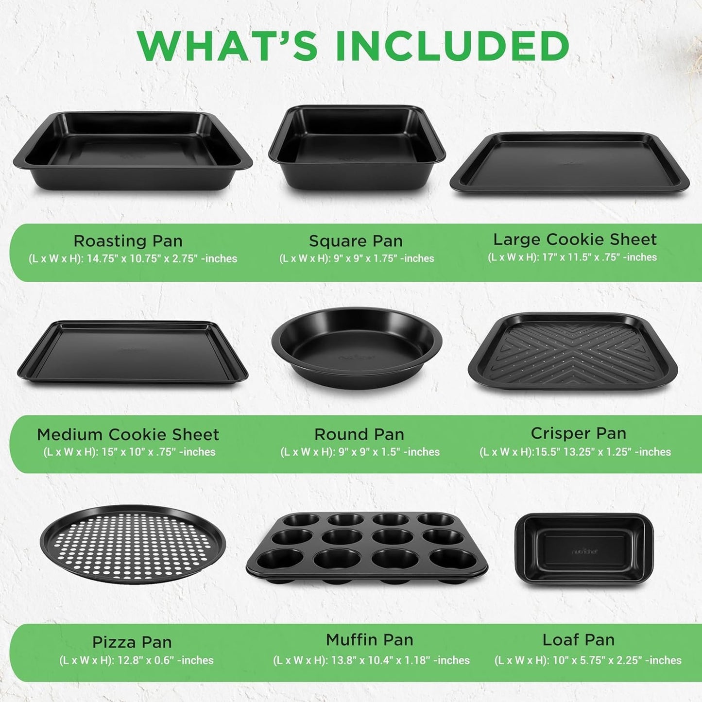 10-Piece Kitchen Oven Baking Pans - Deluxe Carbon Steel Bakeware Set with Stylish Non-Stick Gray Coating Inside & Out; Dishwasher Safe & PFOA | PFOS | PTFE Free - NutriChef (NCBS10S)