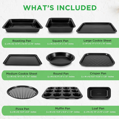 10-Piece Kitchen Oven Baking Pans - Deluxe Carbon Steel Bakeware Set with Stylish Non-Stick Gray Coating Inside & Out; Dishwasher Safe & PFOA | PFOS | PTFE Free - NutriChef (NCBS10S)