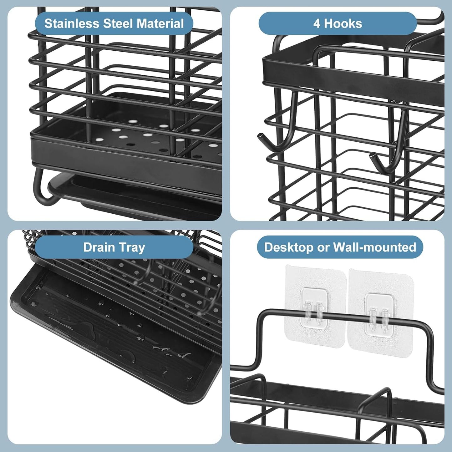IWNTWY Utensil Holder, 3 Compartments Stainless Steel Utensil Drying Rack, Dish Drainer for Kitchen Counter, Silverware Cutlery Flatware Holder Forks, Knives, Spoons, Chopsticks Organizer (Black)