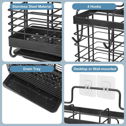 IWNTWY Utensil Holder, 3 Compartments Stainless Steel Utensil Drying Rack, Dish Drainer for Kitchen Counter, Silverware Cutlery Flatware Holder Forks, Knives, Spoons, Chopsticks Organizer (Black)