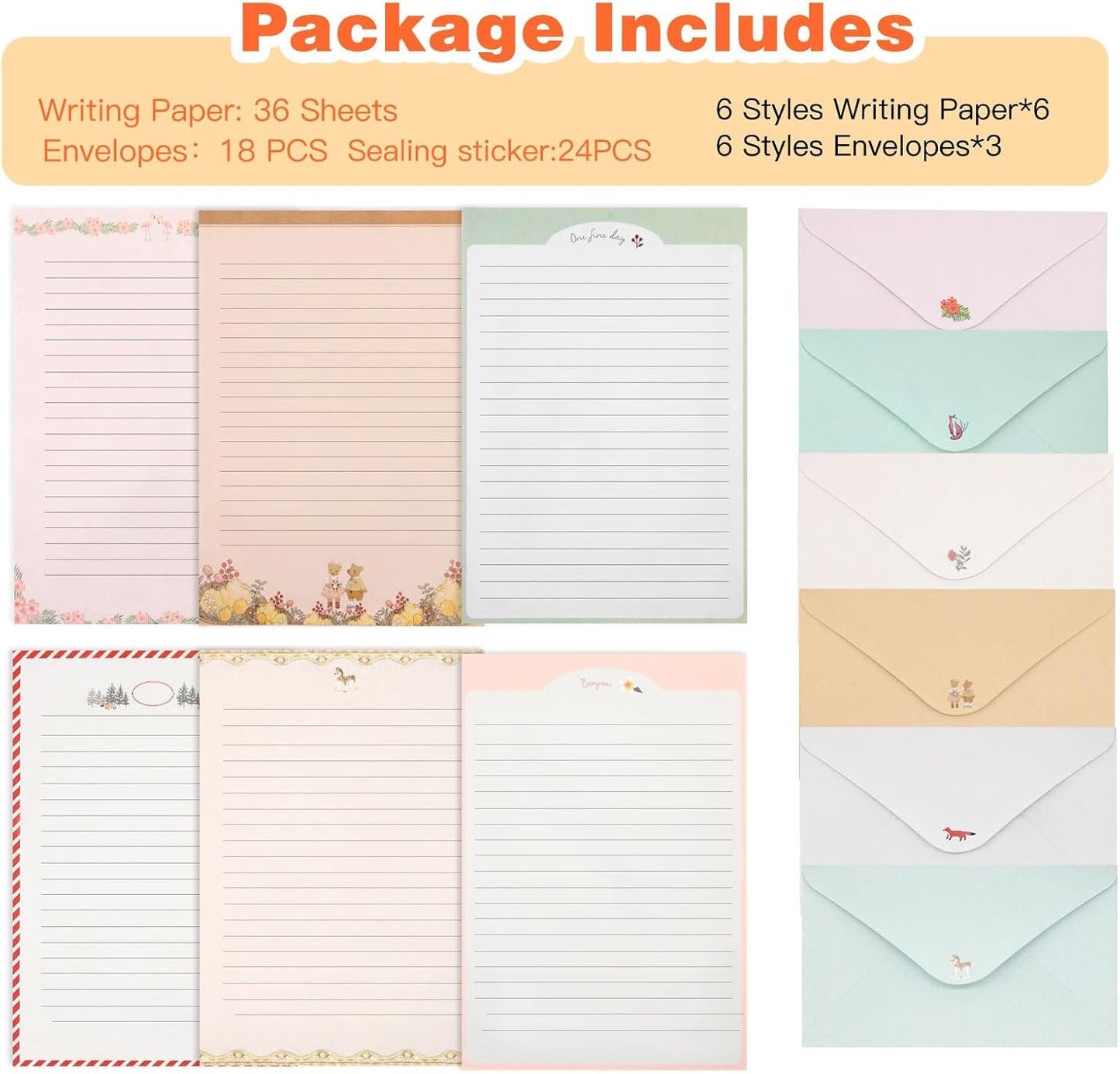 KSIWRE 54 PCS Stationery Set with Envelopes,36 Writing Paper+18 Envelopes,Cute Lined Stationery Paper for Writing Letters Invitations Poem Office School Supplies