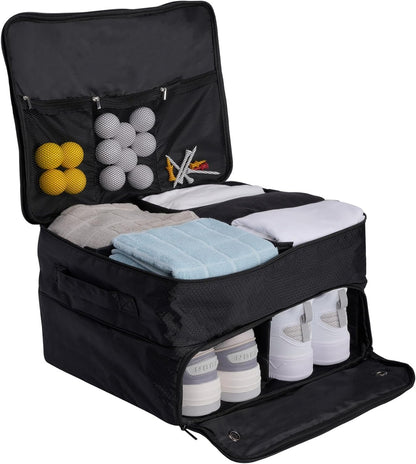 2 Layer Trunk Organizer, Waterproof Golf Locker With Separate Ventilated Compartment for 2 Pair Shoes, Durable Storage for Balls, Tees, Clothes, Gloves, Accessories, Golf Gifts