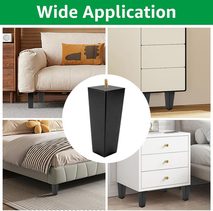 VIDETOL 4 x Wooden Table Legs, 15cm Wooden Feet with Mounting Plates, Rubber Pads and Screws, Black Wooden Feet for Bed, Sofa, Furniture