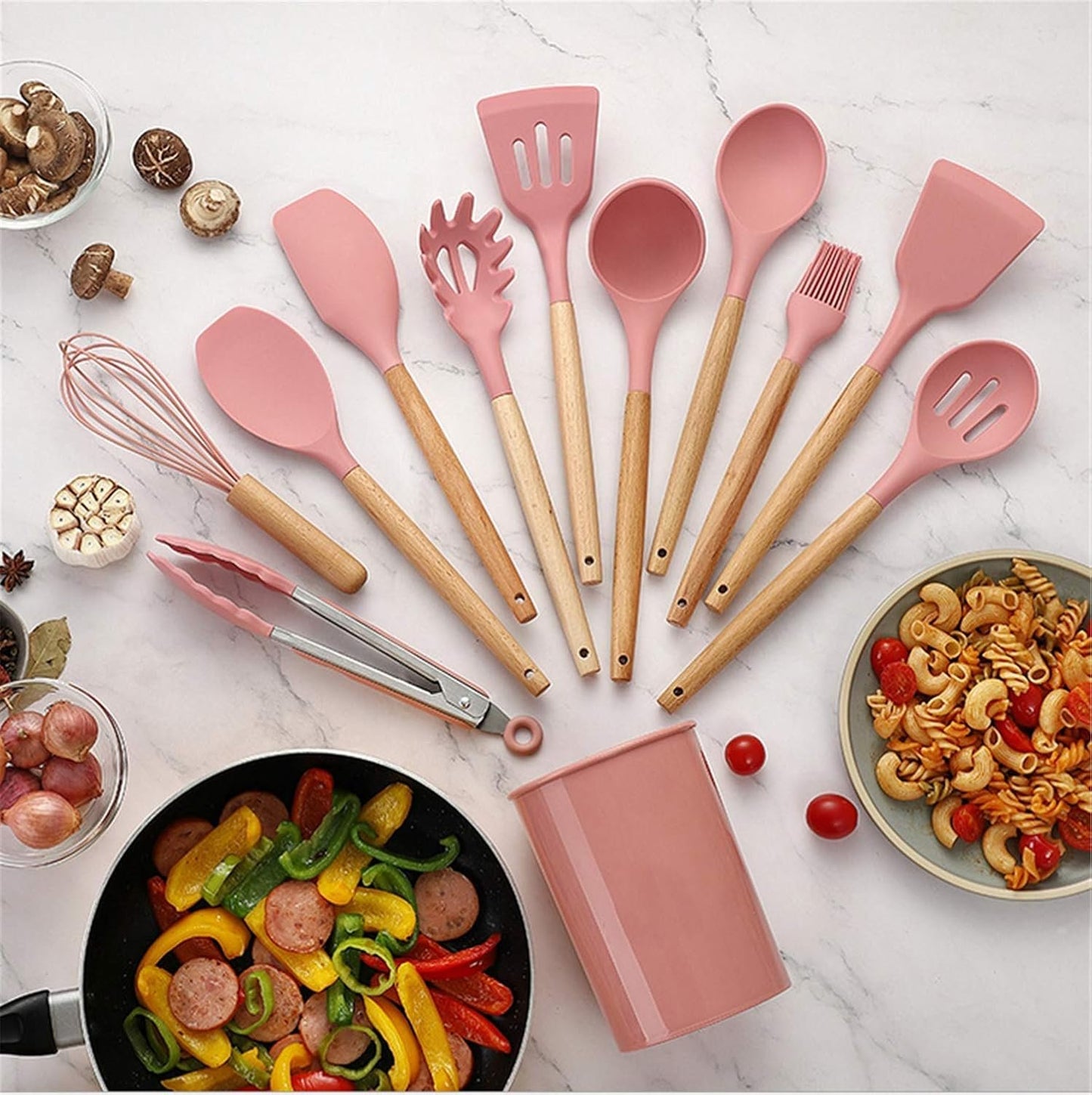 Hubei Silicone Kitchen Utensils Set Kitchen Utensils Wooden Handles Heat Resistant Kitchen Gadgets Grey Kitchen Utensils Non-Stick (Pink-12pcs)