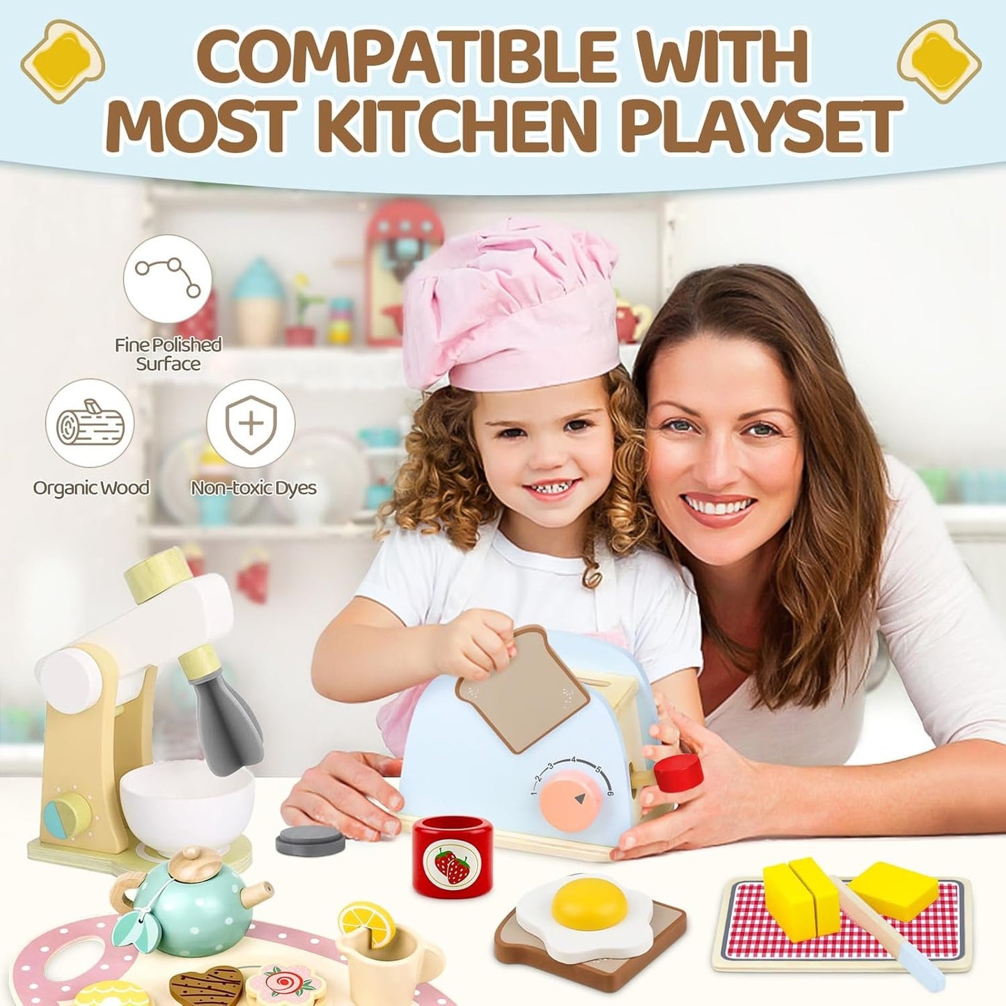 Airlab Wooden Pop-up Toaster Toy Set for Kids Play Kitchen Accessories Play Food Bread, Egg, Butter Pretend Cutting Toys Toddlers Gift for 3 4 5 Year Old Boys Girls