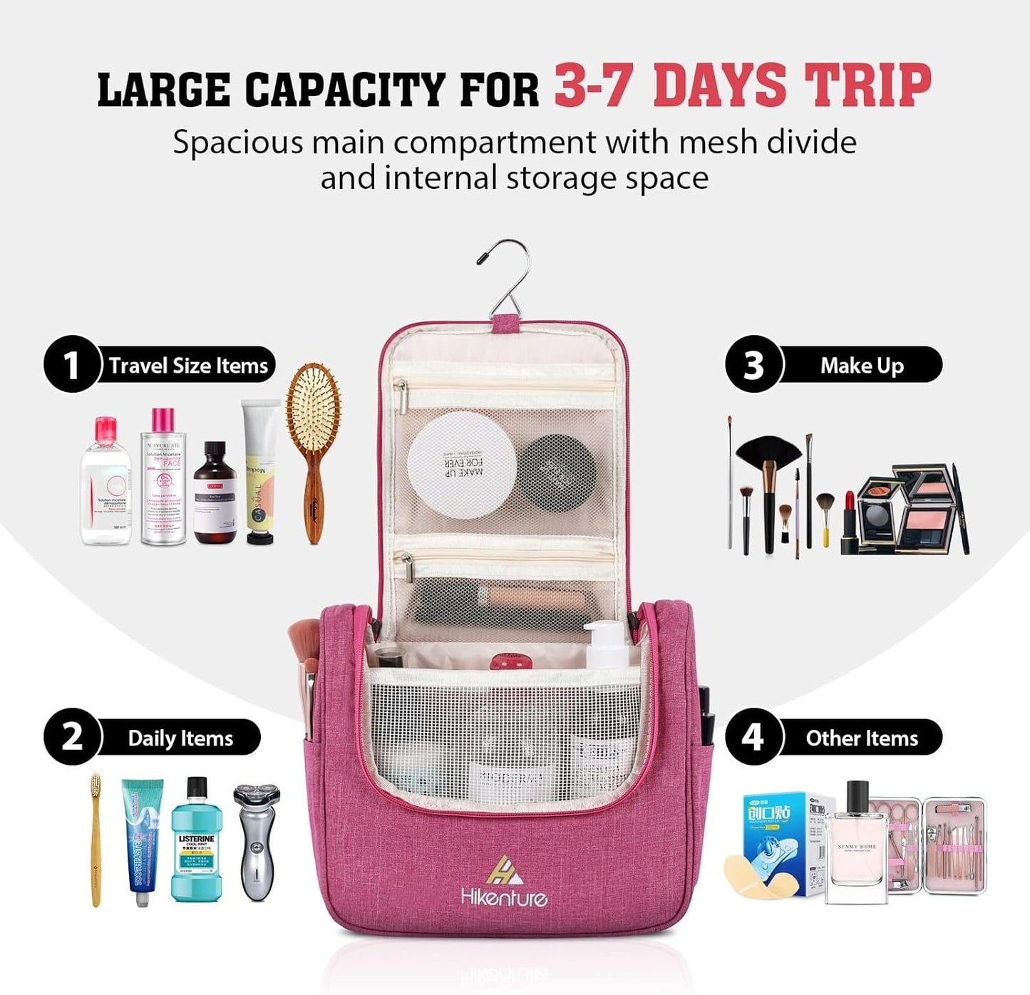 Hikenture Toiletry Bag for Women,Travel Toiletries Bag, Hanging Cosmetic Bag for Makeup,Water-Resistant Bathroom Shower Bag Travel Organizer Trousse De Toilette Voyage(Pink)