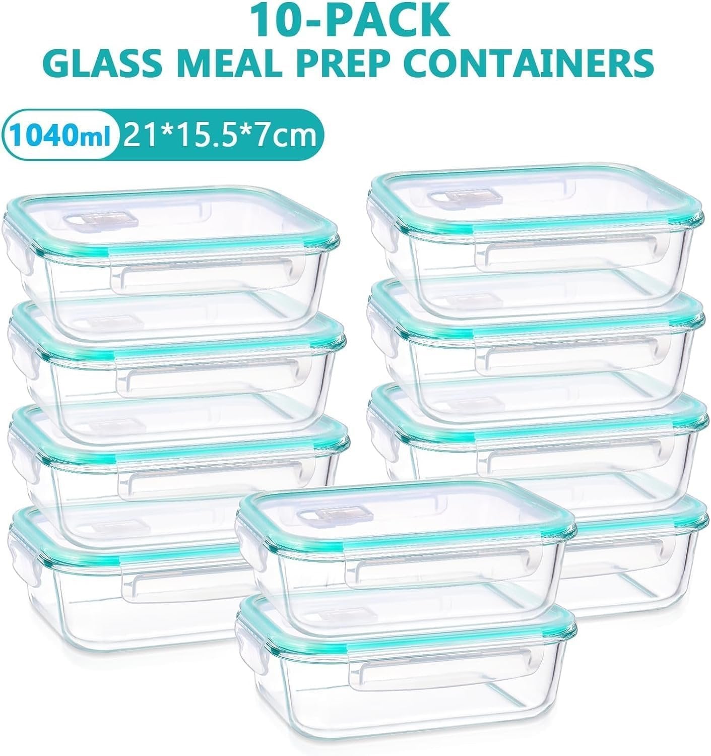 Feshory 10 Pack Airtight Glass Food Storage Containers with Plastic Lids (1040ML/35Oz) - Glass Meal Prep Food Containers, Lunch Box for Kitchen Storage & Organisation