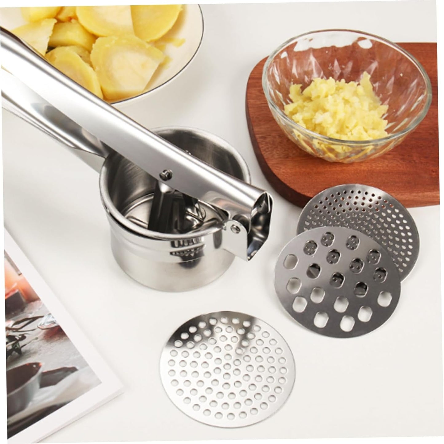 Maschera di patate in acciaio inossidabile di patate ricer con pressa da frutta multiuso a 3 buche, utensili da cucina e gadget per purè di, cibi per bambini, succo di limone
