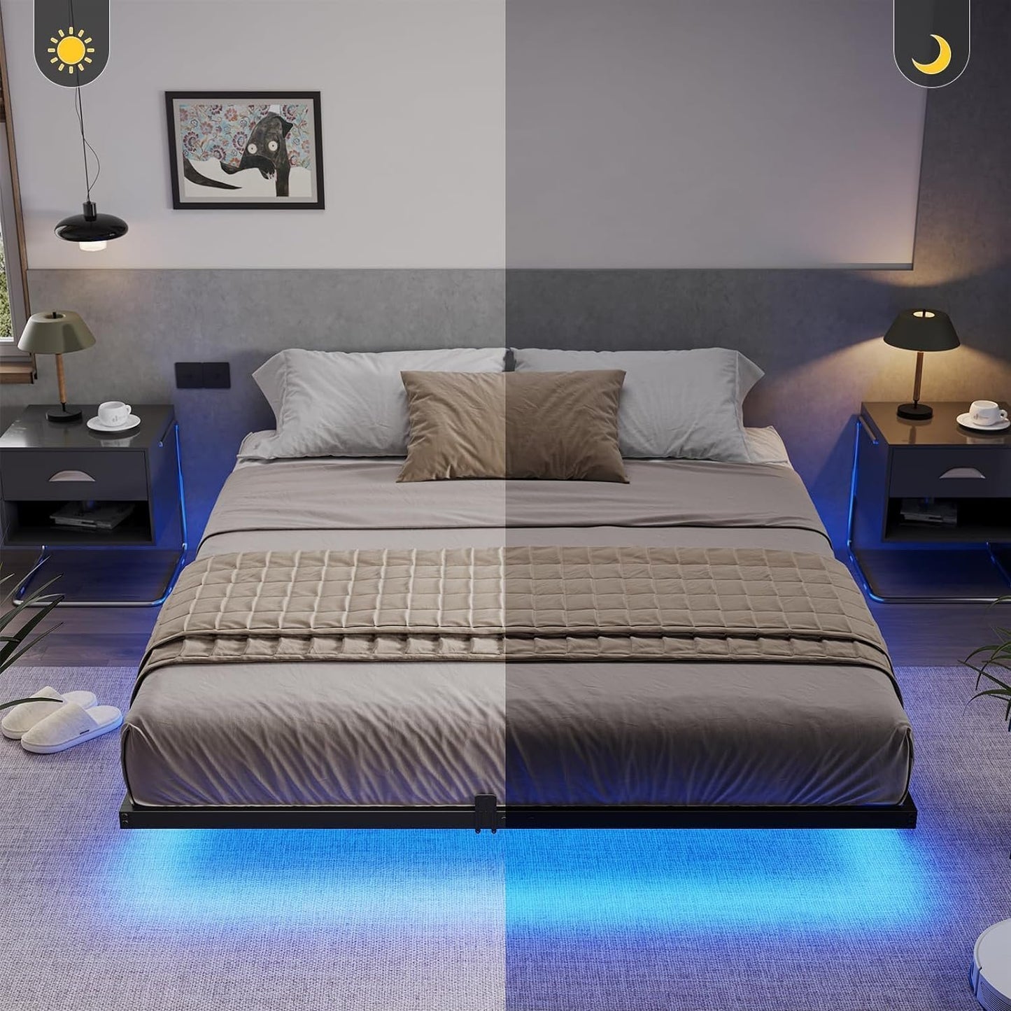 SANGMUCEN Floating Full Bed Frame with LED Lights & USB Charging Station, Metal Platform Bed Frame Full Size, No Box Spring Needed, Steel Slat Support, Anti-Noise Foam Stickers, Easy to Assemble