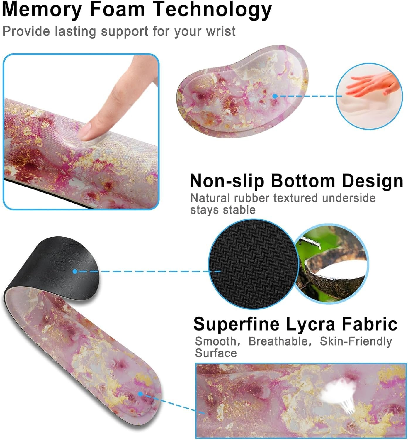 4 in 1 Extended Mouse Pad Set, Keyboard Wrist Rest Support Mouse Wrist Cushion Cute Coaster, Memory Foam Ergonomic Easy Typing, Large Desk Pad Set for Home Office Game(Pink Gold Marble)
