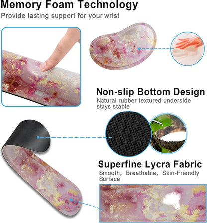 4 in 1 Extended Mouse Pad Set, Keyboard Wrist Rest Support Mouse Wrist Cushion Cute Coaster, Memory Foam Ergonomic Easy Typing, Large Desk Pad Set for Home Office Game(Pink Gold Marble)