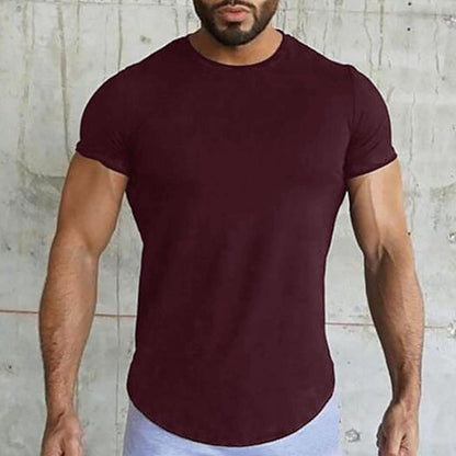 Mens Gym Workout Slim Fit Short Sleeve T-Shirt Cotton Athletic Running Fitness Tee Curved Hem Long Scallop T-Shirts