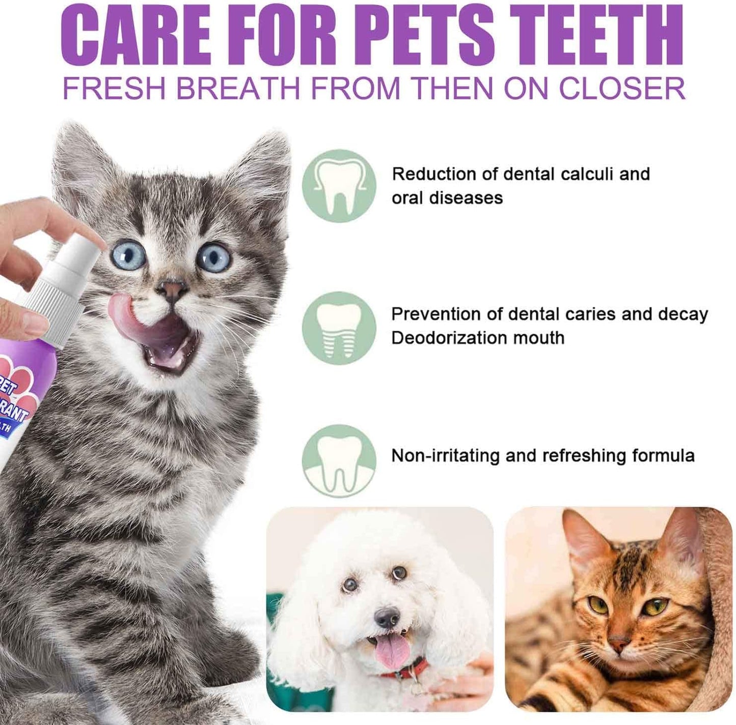 Pet Oral Spray, Teeth Cleaning Spray for Dogs & Cats, New Pet Teeth Cleaning Spray, Pet Breath Freshener Spray Care, Targets Tartar, Plaque Removing, Without Brushing, Eliminate Bad Breath, Pet Oral