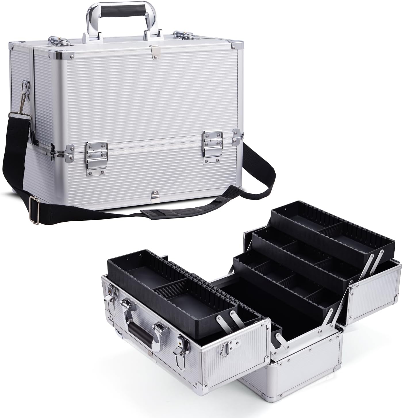 Joligrace Makeup Case for Nail Cosmetics Case Makeup Case Makeup Beauty Case Travel Case Professional Organizer Box Makeup Holder 6 Trays with Dividers and Shoulder Strap, silver, 36 cm x 22.5 cm x 27