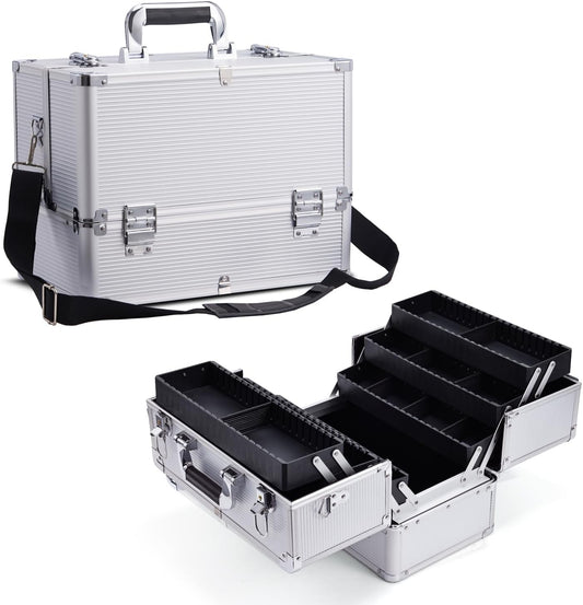 Joligrace Makeup Case for Nail Cosmetics Case Makeup Case Makeup Beauty Case Travel Case Professional Organizer Box Makeup Holder 6 Trays with Dividers and Shoulder Strap, silver, 36 cm x 22.5 cm x 27