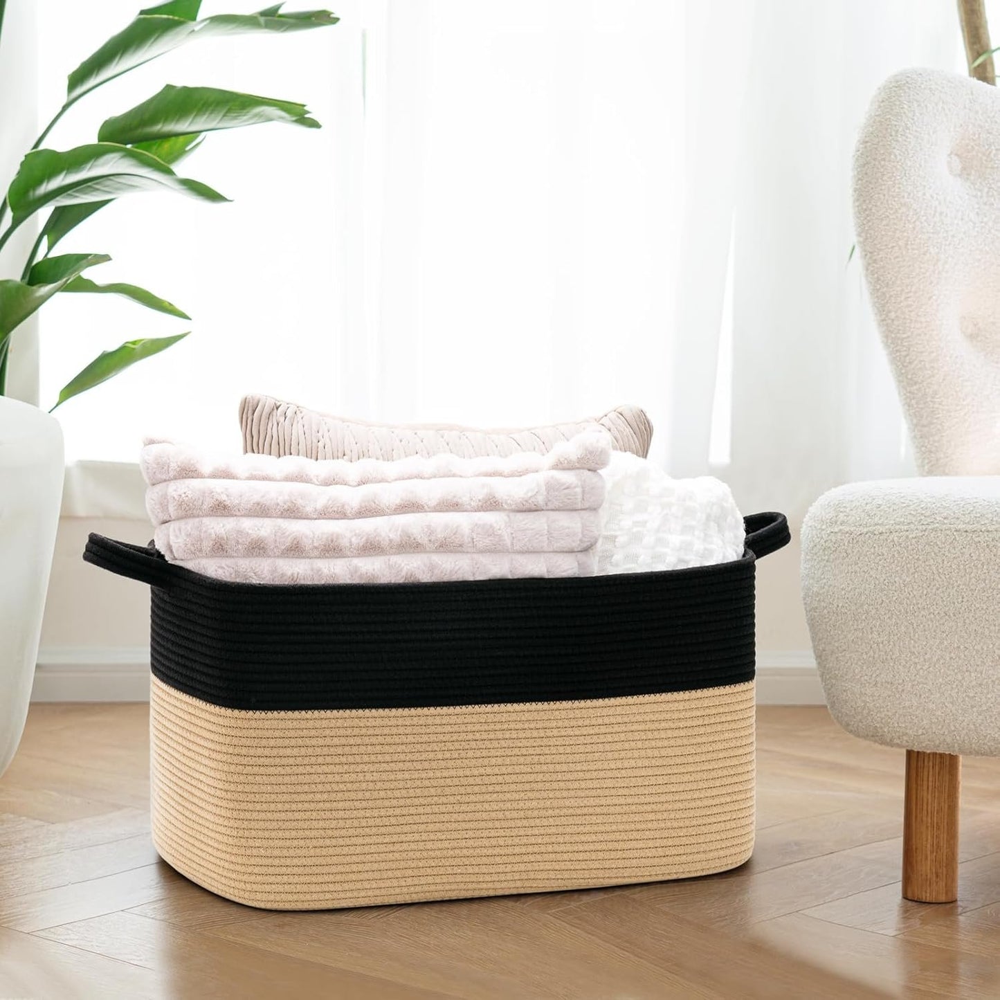 Goodpick Woven Basket for Storage 65L, Blanket Basket for Living Room Home Décor ,Rectangle Rope Laundry Basket with Handles Large Toy Storage Basket for Baby, Kids, 21.6" x 14.9" x 11.8"