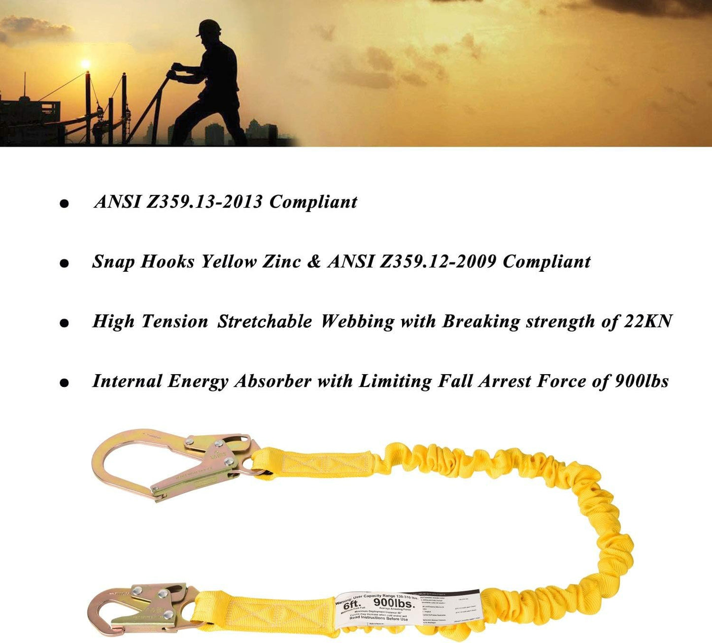 WELKFORDER Single Leg 6-Foot Fall Protection Internal Shock Absorbing Stretchable Safety Lanyard with Snap & Rebar Hook Connectors CSA＆ANSI Compliant