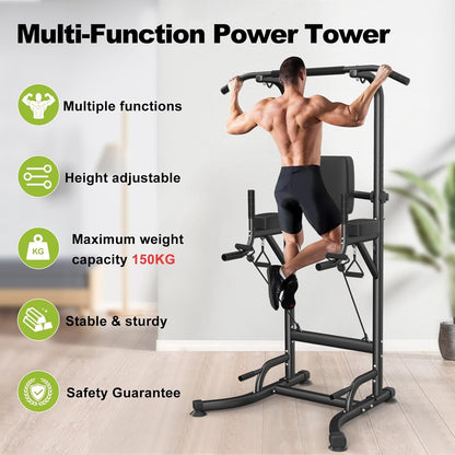 Dskeuzeew Power Tower Dip Station, Fitness Strength Station with Pull Up Bar, Multifunction Power Tower for Home Gym Strength Training, 330LBS Chargable, Black