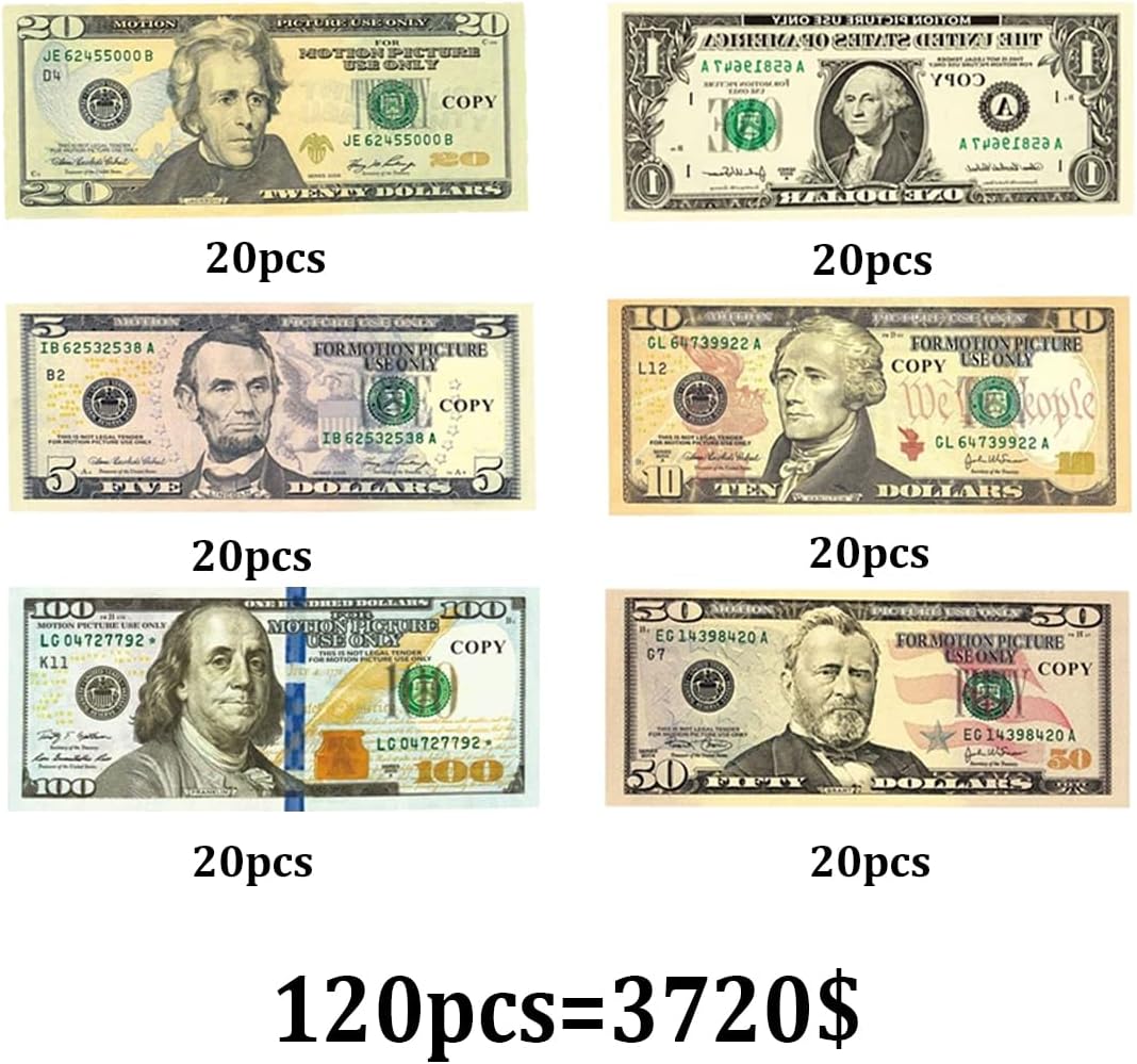 Money Game, Cash Toy for Children, Copy Money, Real Size Fake Dollar, Casino Accessories, Cash Film Play Toy, 120 Pieces, (20 x 1$, 5$, 10$, 20$, 50$, 100$)