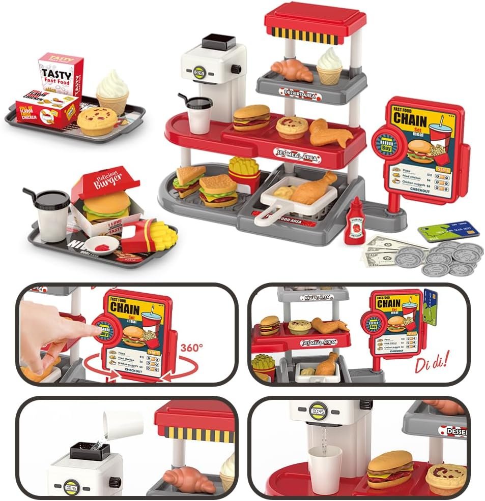 Pretend Play Fast Food Store Toy with Realistic Coffee Machine Card Reader Food Shop Playset with Simulate Hamburger Chips Sandwich etc Play Money Checkout Game for Kids