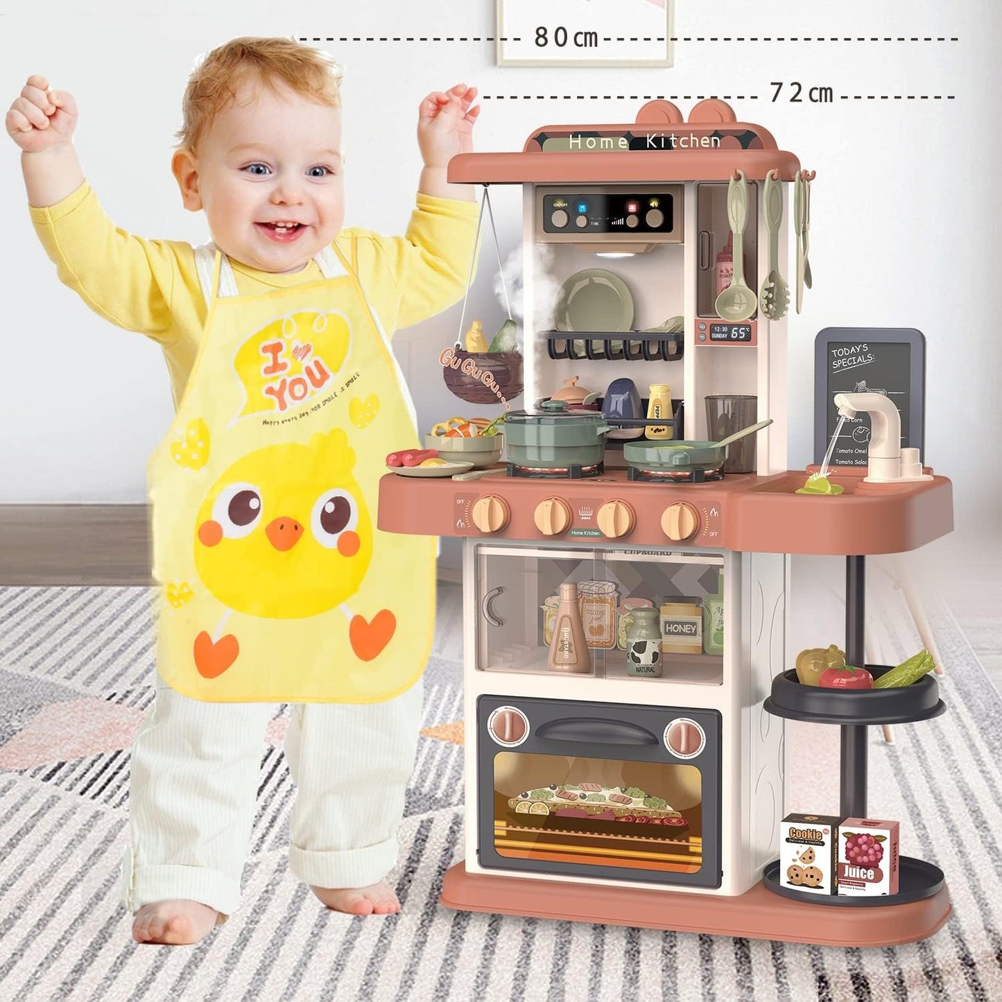 PanKome Kitchen Toy for Kid, Kitchen Playset Pretend Food - Toy Accessories Set w/ Real Sounds & Light, Play Sink, Cooking Stove with Steam, 44 PCS Kitchen Toys for Toddlers Kids, Girls & Boys (Orange)