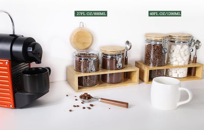 KKC HOME ACCENTS Airtight Borosilicate Glass Loose Tea & Coffee Beans Storage Containers with Bamboo Clamp Lids & Scoops - Glass Food Storage Jars for Nuts, Sugar, Matcha, Pantry Organization - 800 ML