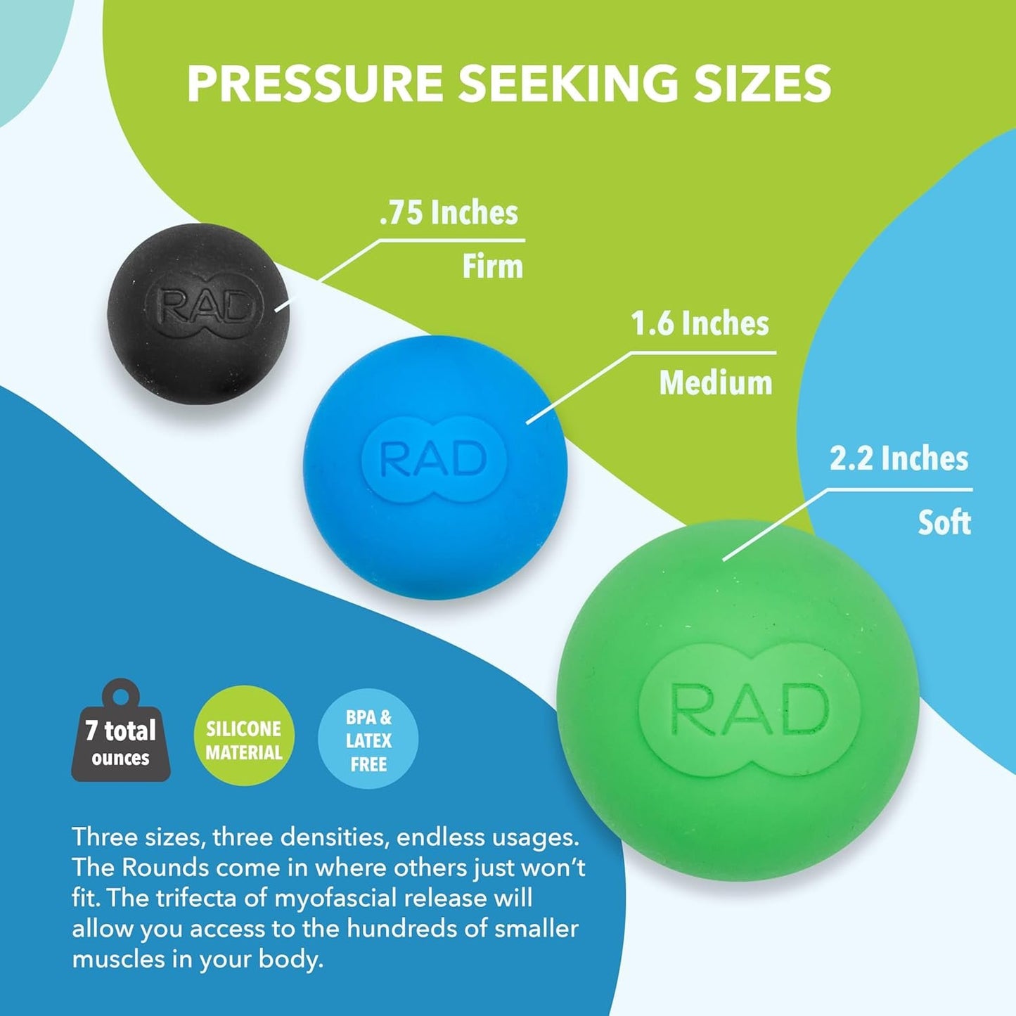 RAD Rounds I Set of 3 Massage Balls for Jaw, Hands and Plantar Fasciitis Myofascial Release, Mobility and Recovery,3 Count (Pack of 1)