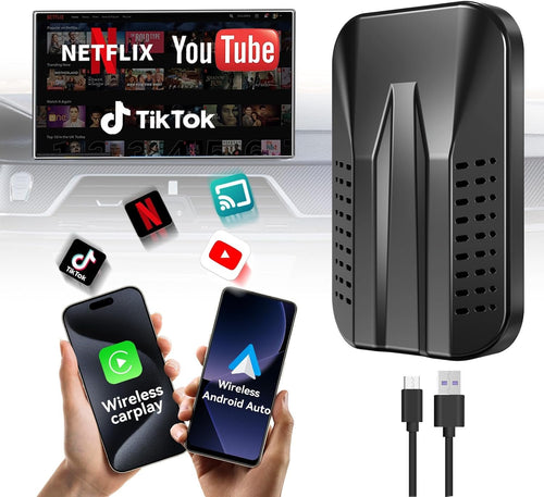 4-in-1 Wireless CarPlay & Android Auto Adapter,Supports Netflix/YouTube/TIK Tok/Screen Mirror Link/TF Card,Carplay Ai Box,Plug & Play, Easy Setup,Suitable for Cars Equipped with OEM Wired CarPlay