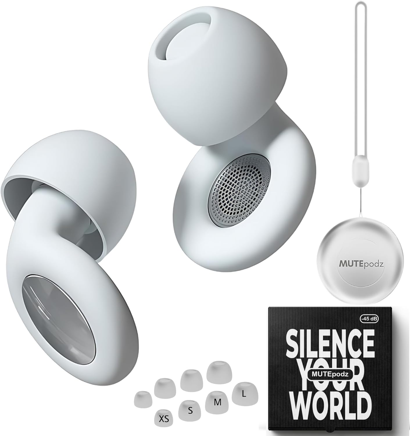 MUTEpodz Ear Plugs for Sleeping Noise Cancelling, 45dB Hearing Protection, Reusable, Super Soft Flexible Silicon Ear Plugs for Sleep, Concerts, Swimming, Anti Snoring, Focus, Travel, 8 Tips Earplugs for Noise Reduction (White)