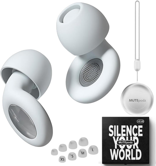 MUTEpodz Ear Plugs for Sleeping Noise Cancelling, 45dB Hearing Protection, Reusable, Super Soft Flexible Silicon Ear Plugs for Sleep, Concerts, Swimming, Anti Snoring, Focus, Travel, 8 Tips Earplugs for Noise Reduction (White)