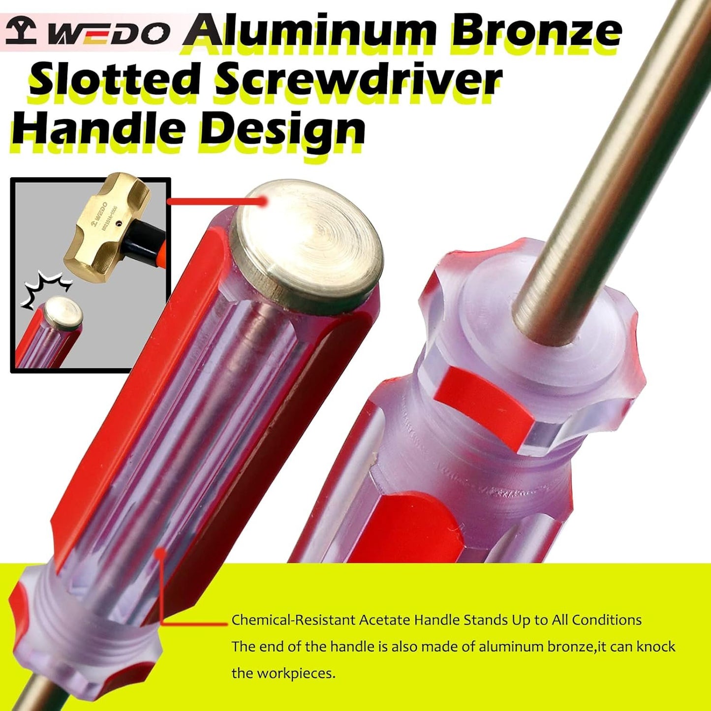 WEDO Non-Sparking Slotted Screwdriver, Spark-free Safety Flat-head Screwdriver, Aluminum Bronze, DIN Standard, BAM & FM Certificate, 12Inch, 8 * 200mm