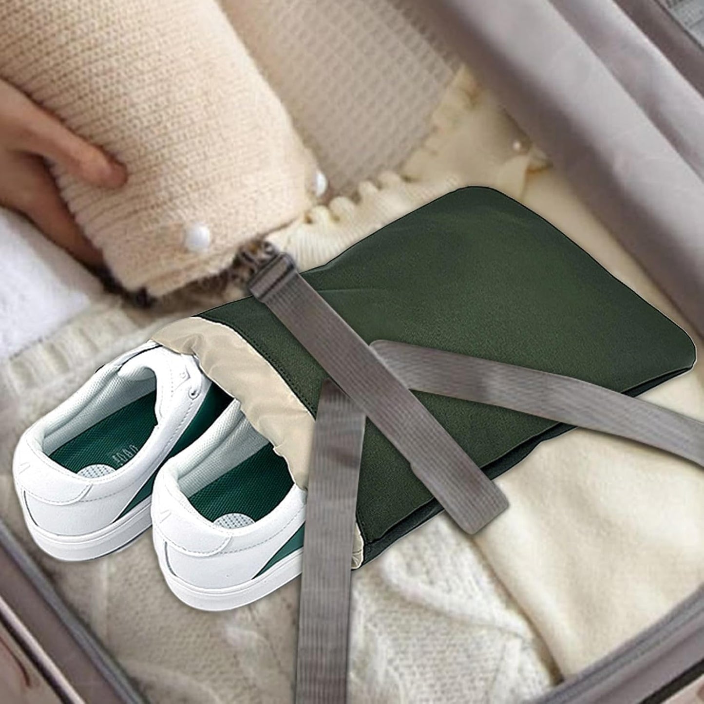 Shoe Travel Bag, Dustproof Organizer, Drawstring Storage Pouch, Portable Packing Solution, Polyester Green, Lightweight, 11.81x16.14 inches, for Women Men Footwear Holder, Gear