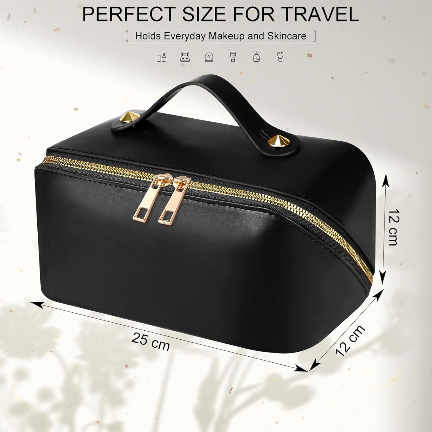 Travel Cosmetic Bag, Large Travel Beauty Case for Women, Make-Up Bag for Women, Updated PU Leather, Toiletry Makeup Bag Organizer, Smooth-Black