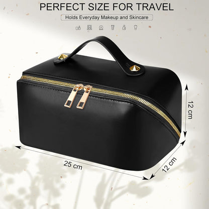 Travel Cosmetic Bag, Large Travel Beauty Case for Women, Make-Up Bag for Women, Updated PU Leather, Toiletry Makeup Bag Organizer, Smooth-Black