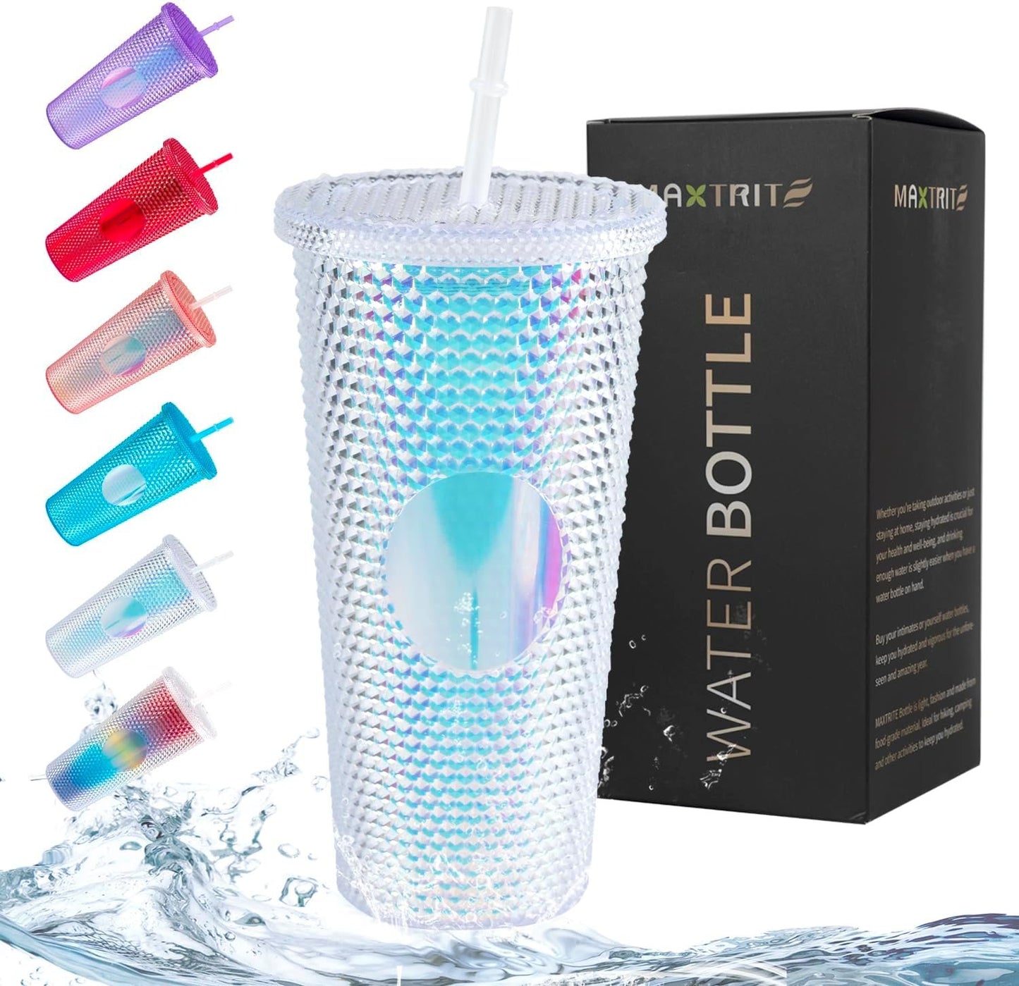 24oz Studded Tumbler with Lid & Straw,Glitter Reusable BPA Free Plastic Textured Water Bottle Drinking Cup,Double Wall Mug,Travel Friendly Water/Iced Coffee/Smoothie,Perfect for Home&Outdoor (White)