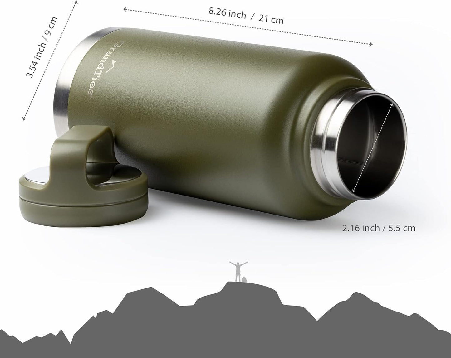 GrandTies 2 Lids Sports Stainless Steel Water Bottle– 32oz, Reusable Wide Mouth Vacuum Insulated Water Bottles, Travel Metal Canteen, Coldest Water Bottle for Men and Women–Olive Green