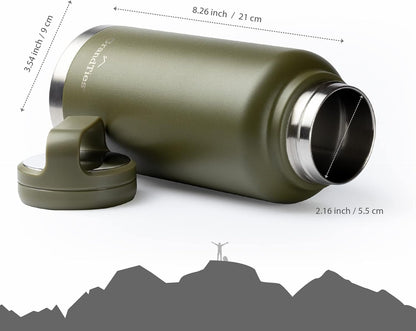 GrandTies 2 Lids Sports Stainless Steel Water Bottle– 32oz, Reusable Wide Mouth Vacuum Insulated Water Bottles, Travel Metal Canteen, Coldest Water Bottle for Men and Women–Olive Green