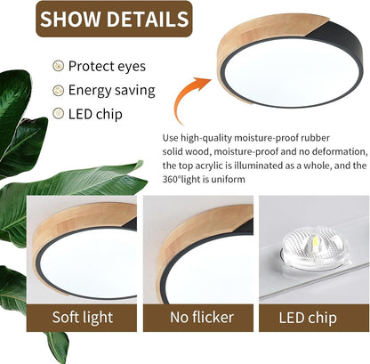 ZAITINZ LED Ceiling Lights,Black Modern Flush Mount Lighting Fixture,Round Shaped Wood Ceiling Lighting,24W,6500K Cool White,Ã˜30cm
