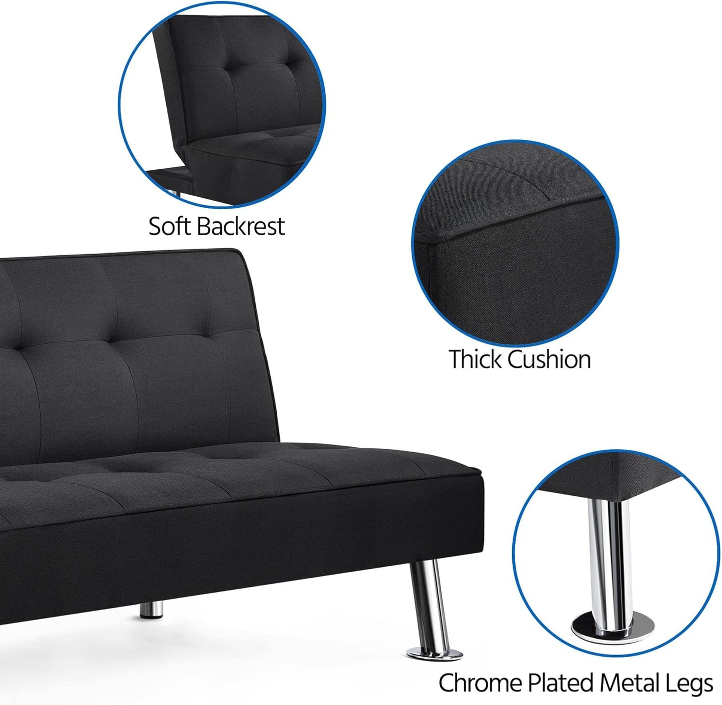 Yaheetech Sofa Bed Convertible Sofa Bed 3-Seater Padded Furniture Reclining Sofa with Metal Legs for Living Room Guest Bedroom Black/Fabric