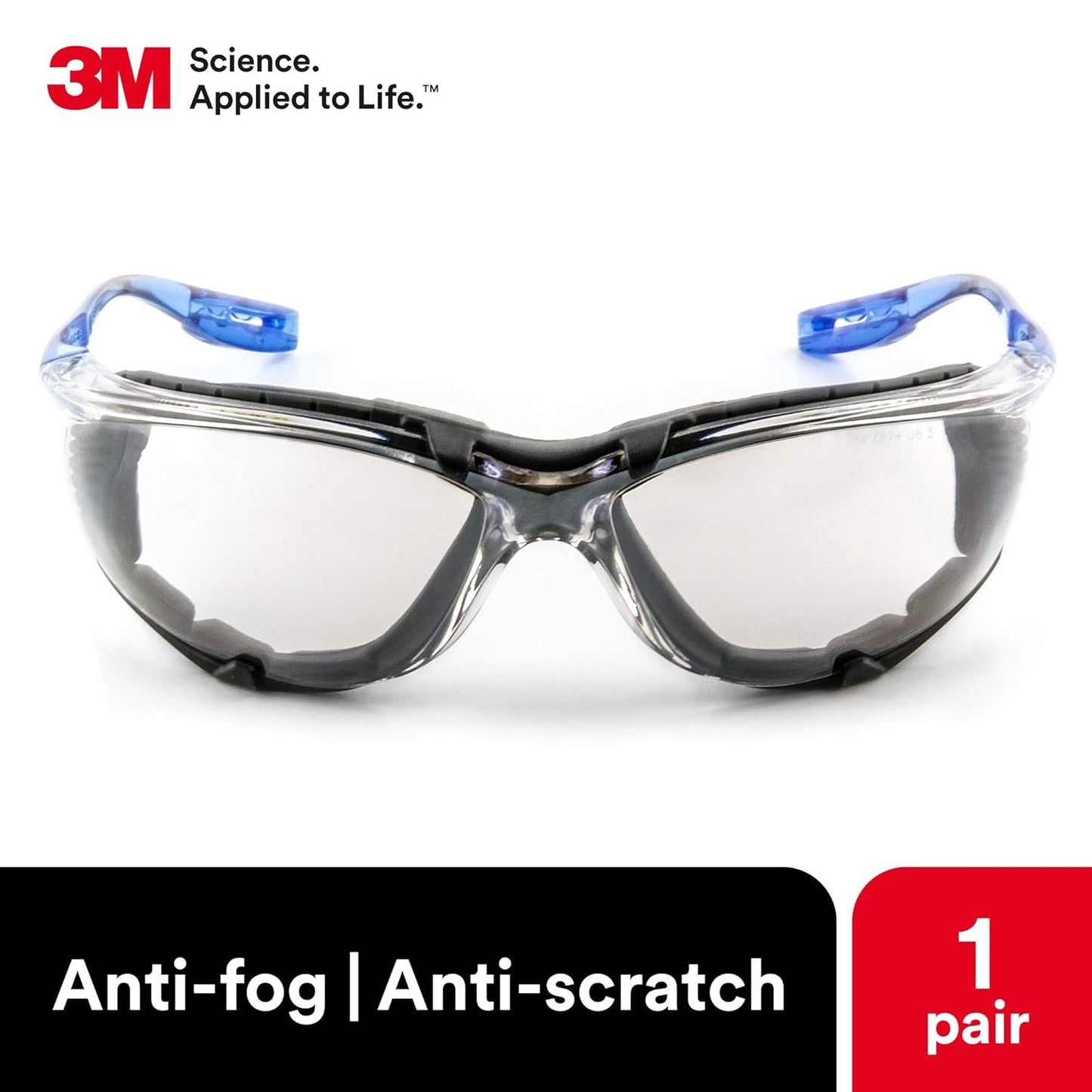 3M Safety Glasses, Virtua CCS, ANSI Z87, Anti-Fog, Indoor/Outdoor Mirrored Lens, Blue Frame, Corded Ear Plug Control System, Removable Foam Gasket