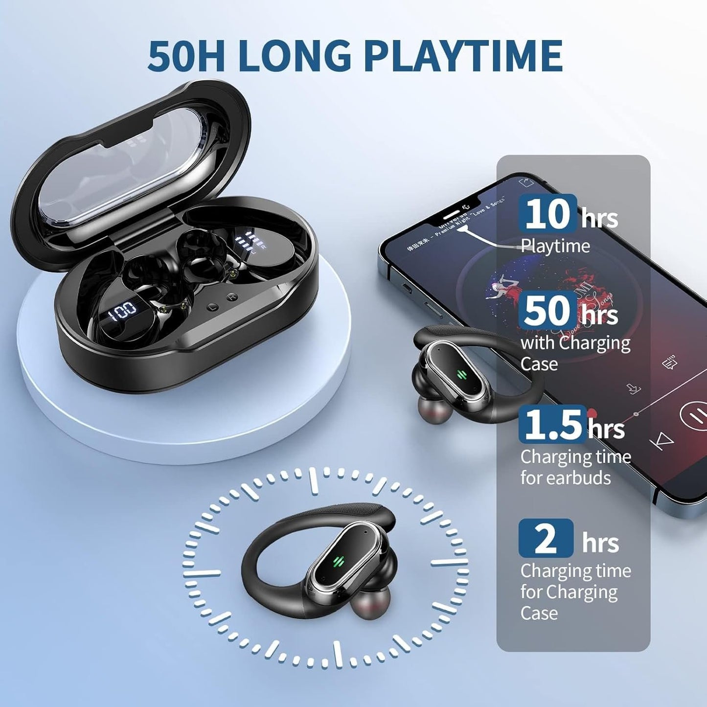 Wireless Earbuds, Bluetooth 5.4 Headphones Sport, LED Display Bluetooth Earbuds with ENC Noise Canceling Mic, 50H Stereo Wireless Headphones with Earhooks, IP7 Waterproof Ear Buds for Running/Workout