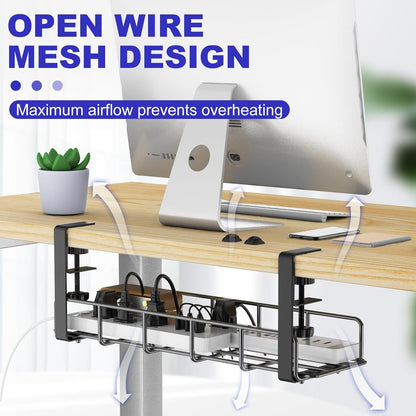 Under Desk Cable Management Tray, 15.7'' No Drill Steel Cable Tray Organizers, Wire Management Tray Cable Rack with Clamp Mount, Metal Under Desk Tray with Wire and Cord Organizer