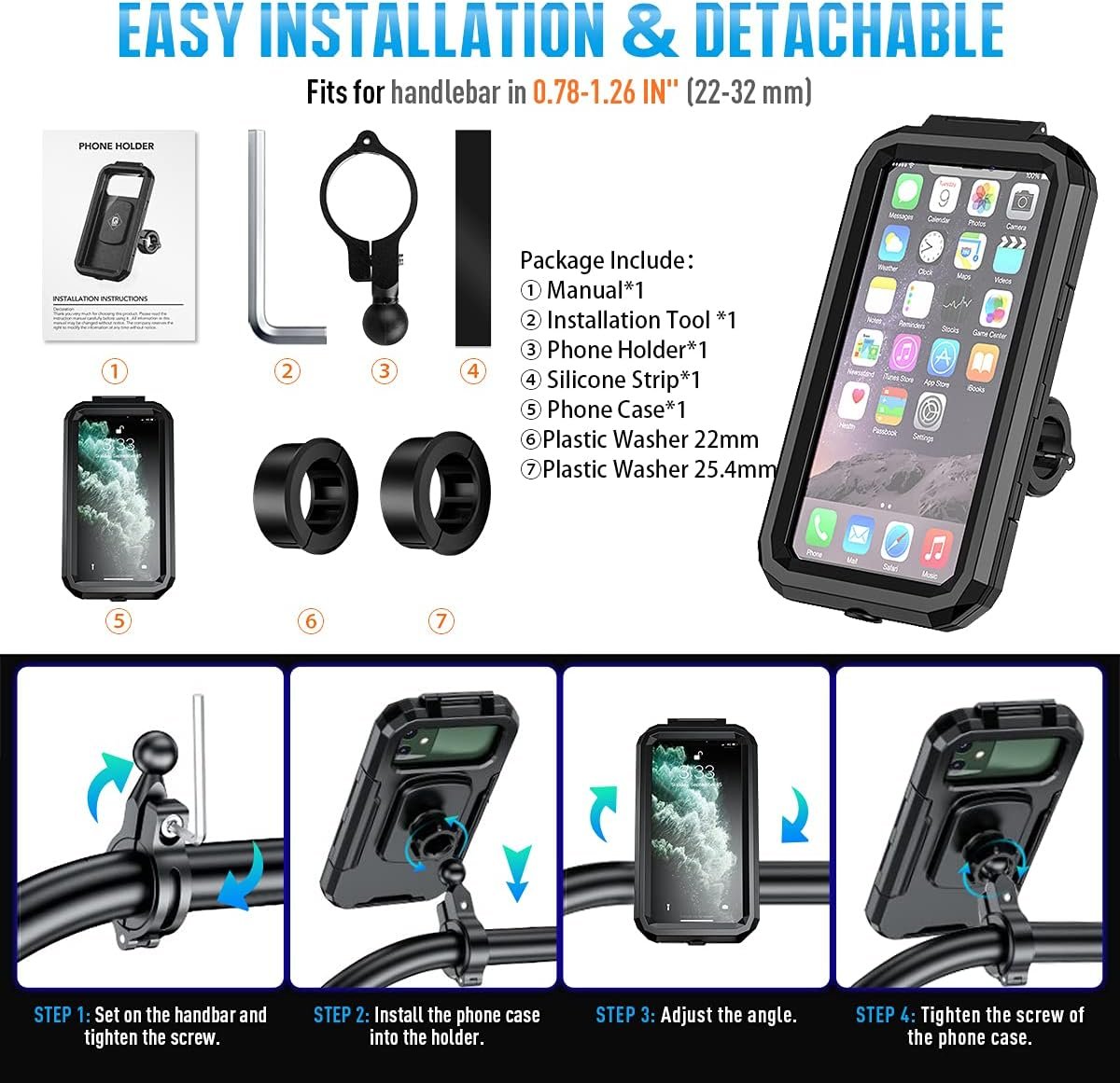 Faneam Waterproof Bicycle Phone Holder Mobile Phone Holder for Bike with 360 Rotation, Anti Vibration, Touch ID, Face ID, Mobile Phone Holder Scooter Motorcycle for Smartphone 4.7-6.1 Inches (S)
