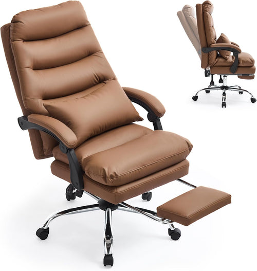 KITHOME High Back Office Chair with Footrest, 110°Reclining Leather Comfy Desk Chair with Lumber Support, Tall and High Executive Swivel Chair for Home Office, Black, White, Brown (Brown)