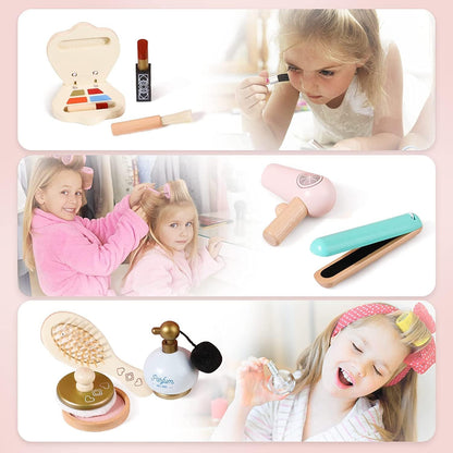 IEATFO Kids Makeup Kit for Girl, Wooden Makeup Toy Set for Toddlers, Pretend Wood Beauty Salon Toys Set for Kid Children Princess, Christmas Birthday Gift Toy for 3 4 5 6 7 8 9 10 Year Old