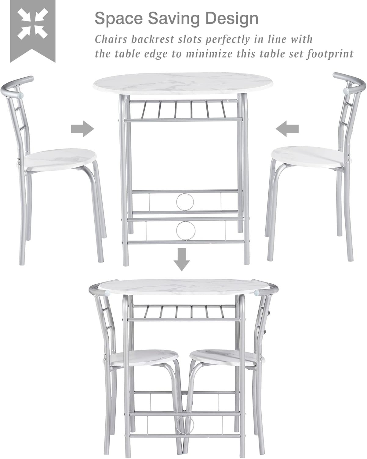 VECELO 3 Piece Small Round Dining Table Set for Kitchen Breakfast Nook, Wood Grain Tabletop with Wine Storage Rack, Save Space, 31.5", White & Silver