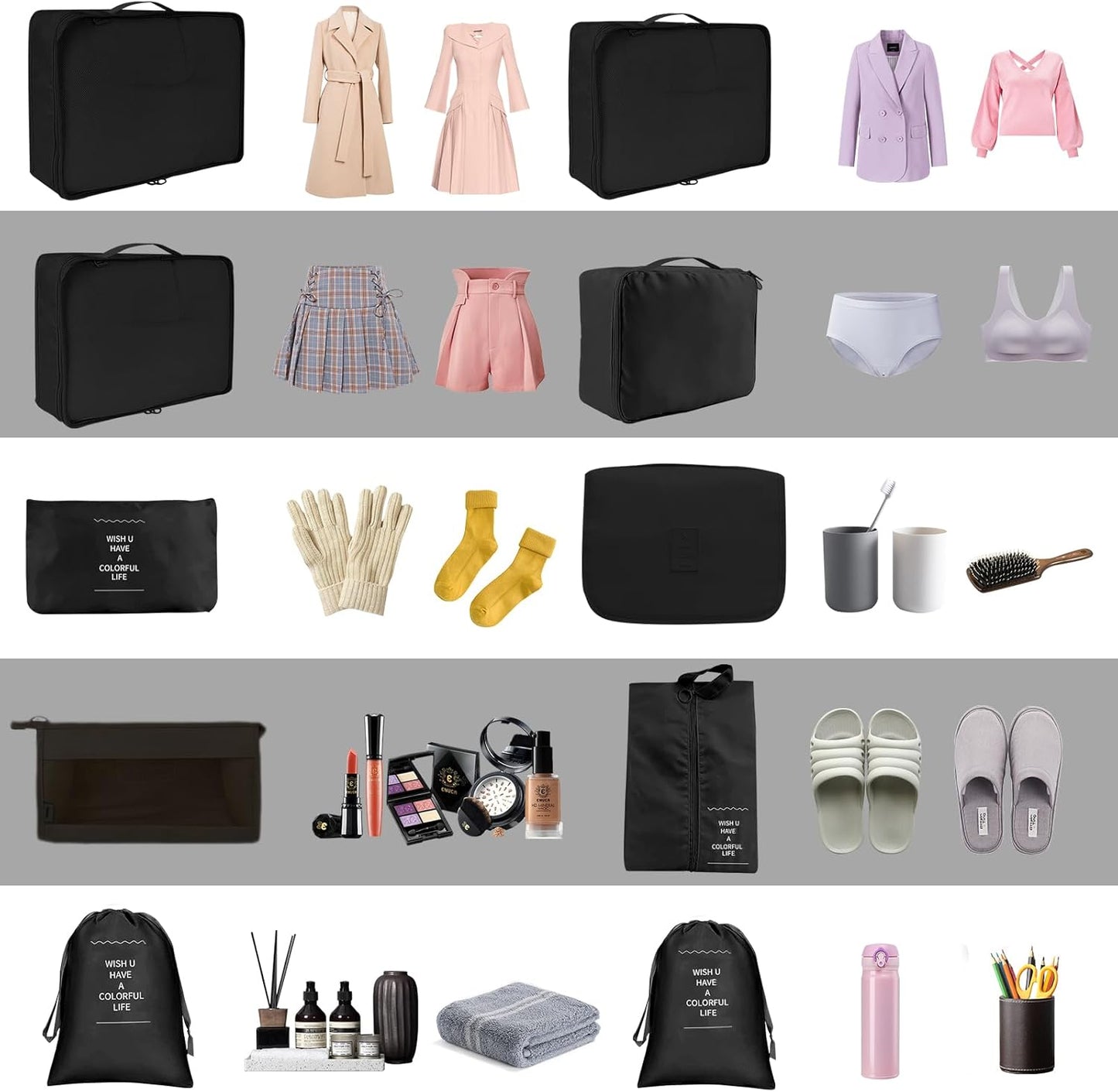 Snarflun 10-Piece Travel Organiser Suitcase, Space-Saving Packing Cubes, Travel Clothes Bags, Underwear Clothing Bags Footwear (Black)