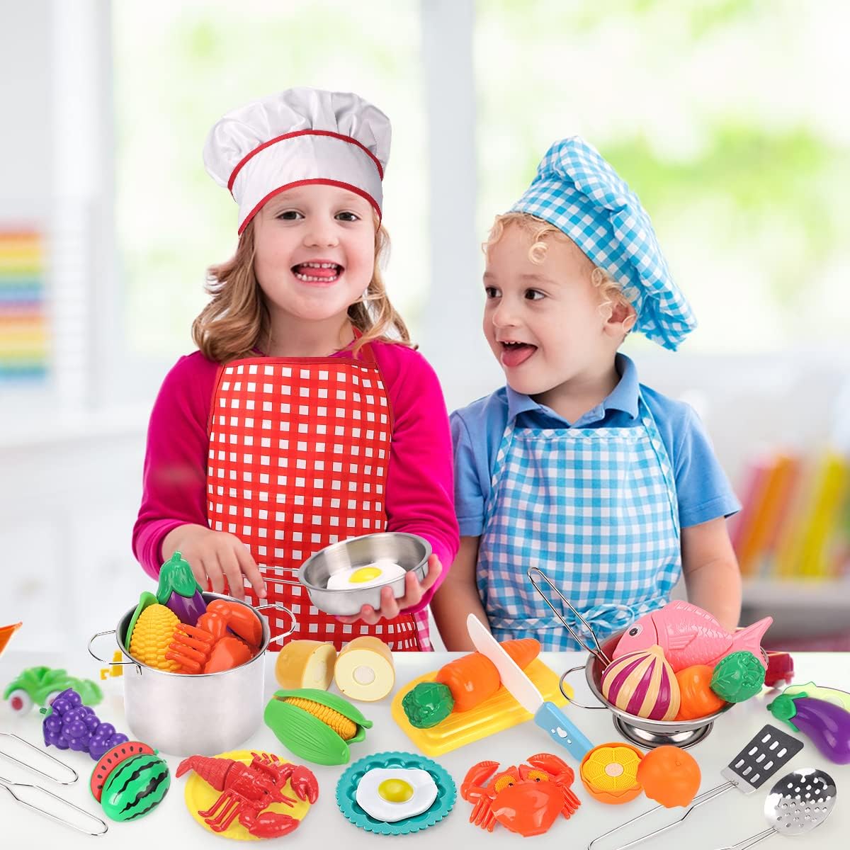 Qizebaby Kids Kitchen Pretend Play Toy Set with Stainless Steel Cookware, Cooking Utensils, Apron & Chef Hat, Cutting Fruits & Vegetables, Preschool Kitchen Play for Toddler Boys & Girls